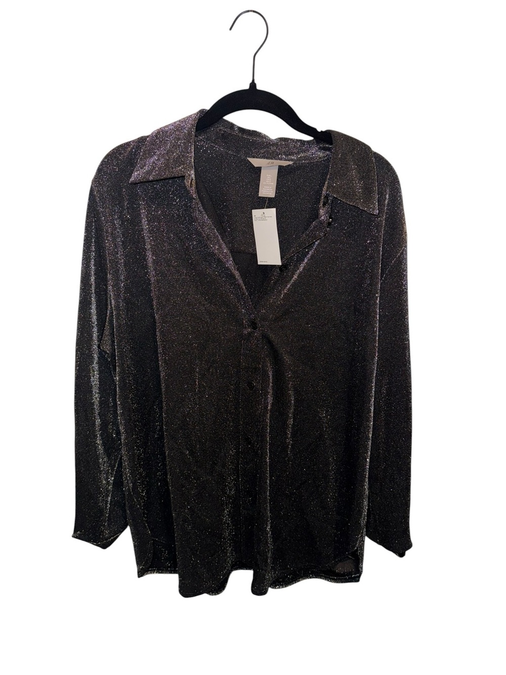 H&M Black Metallic Oversized Button Down Shimmer Top Large NWT - Picture 3 of 6